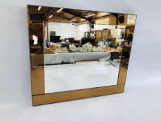 MODERN ROSE TINTED BOARDER FRAMED MIRROR, 69CM X 59CM.