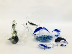 A GROUP OF ART GLASS CABINET ORNAMENTS TO INCLUDE MANY DOLPHIN EXAMPLES.