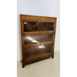 AN OAK SECTIONAL GLOBE WERNICKE STYLE BOOKCASE MARKED "ANGUS" W 87CM X D 25CM X H 113CM.