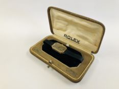 AN ANTIQUE LADIES 9CT GOLD CASED "ROLEX" 35 12580 WITH VARIOUS STRAPS AND ORIGINAL BOX.