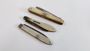 3 SILVER BLADE KNIVES TO INCLUDE MOTHER OF PEARL FRUIT KNIVES, 2 BY THOMAS MARPLES 1883, 1878,