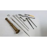 A GROUP OF THREE PLATED ICE PICKS, HEAVY BRASS MOTOR, SILVER HANDLED LACE HOOKS AND PLATED WARE.