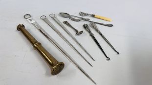 A GROUP OF THREE PLATED ICE PICKS, HEAVY BRASS MOTOR, SILVER HANDLED LACE HOOKS AND PLATED WARE.