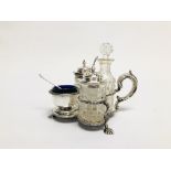 A VICTORIAN SILVER CONDIMENT SET A/F CHIP TO VINEGAR BOTTLE, SHEFFIELD ASSAY.