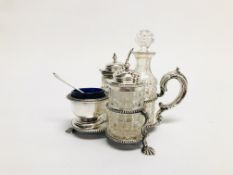 A VICTORIAN SILVER CONDIMENT SET A/F CHIP TO VINEGAR BOTTLE, SHEFFIELD ASSAY.