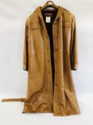 A DESIGNER TAN LEATHER COAT MARKED "YVES SAINT LAURENT" FOURRURES MADE IN FRANCE, SIZE 40.