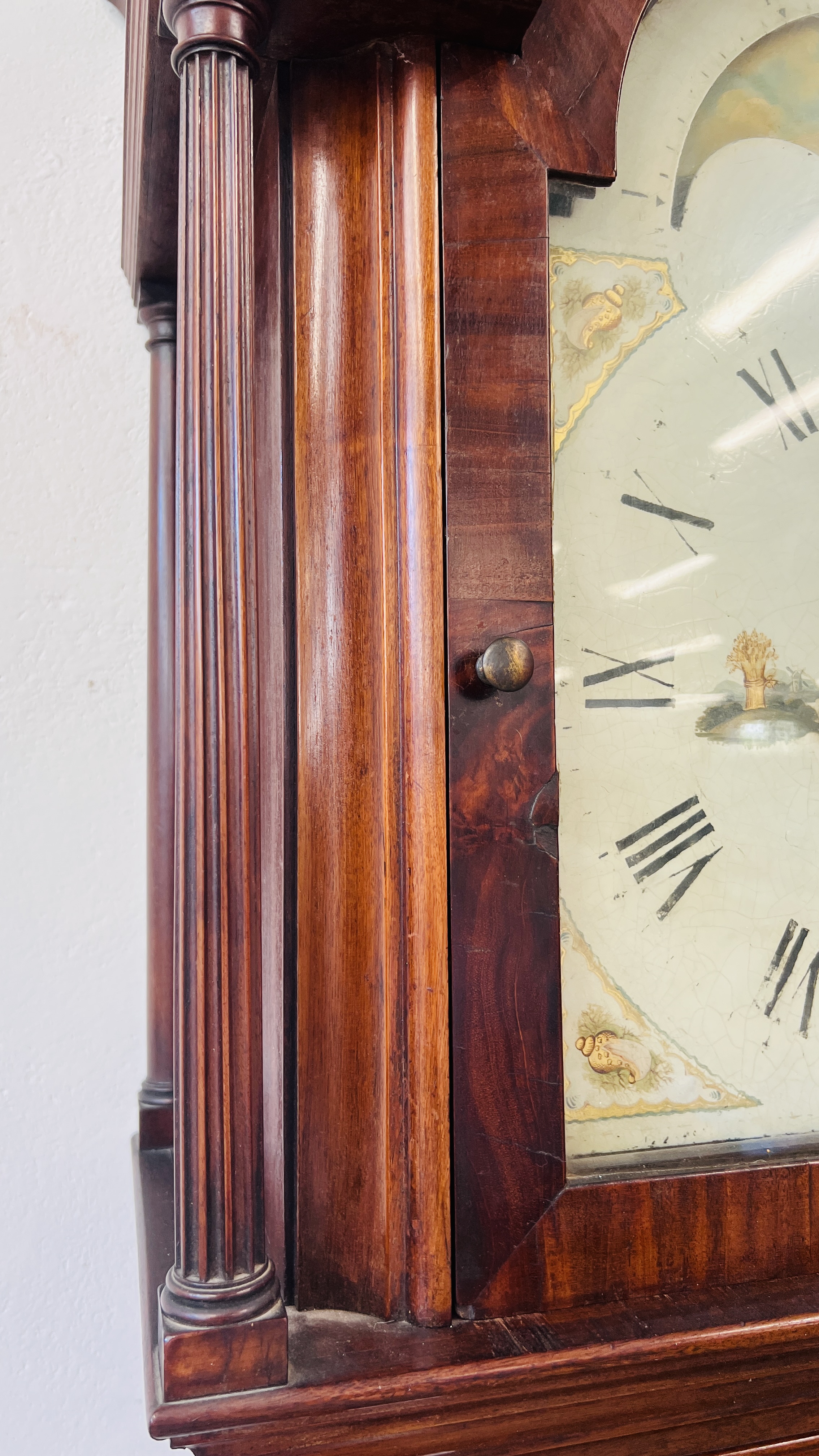 A MAHOGANY LONG CASE CLOCK ARCHED HAND PAINTED MOON PHASE DIAL. - Image 20 of 35