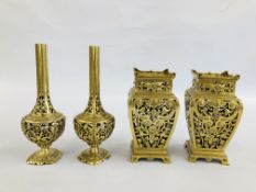 TWO PAIRS OF ELABORATE BRASS VASES BEARING TRADE MARK AND INITIALS E.P. - H 21CM AND H 26CM.