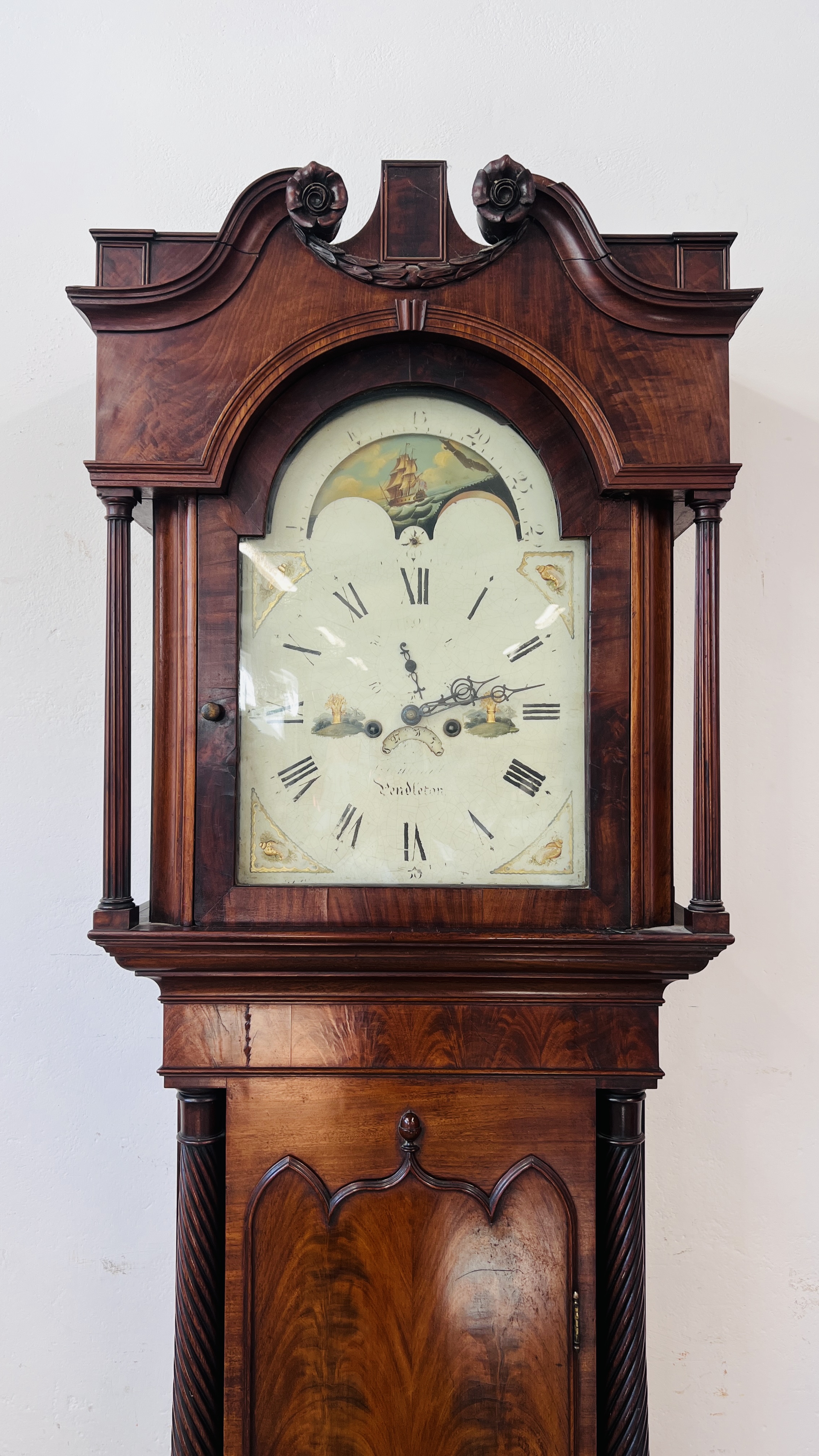 A MAHOGANY LONG CASE CLOCK ARCHED HAND PAINTED MOON PHASE DIAL. - Image 2 of 35