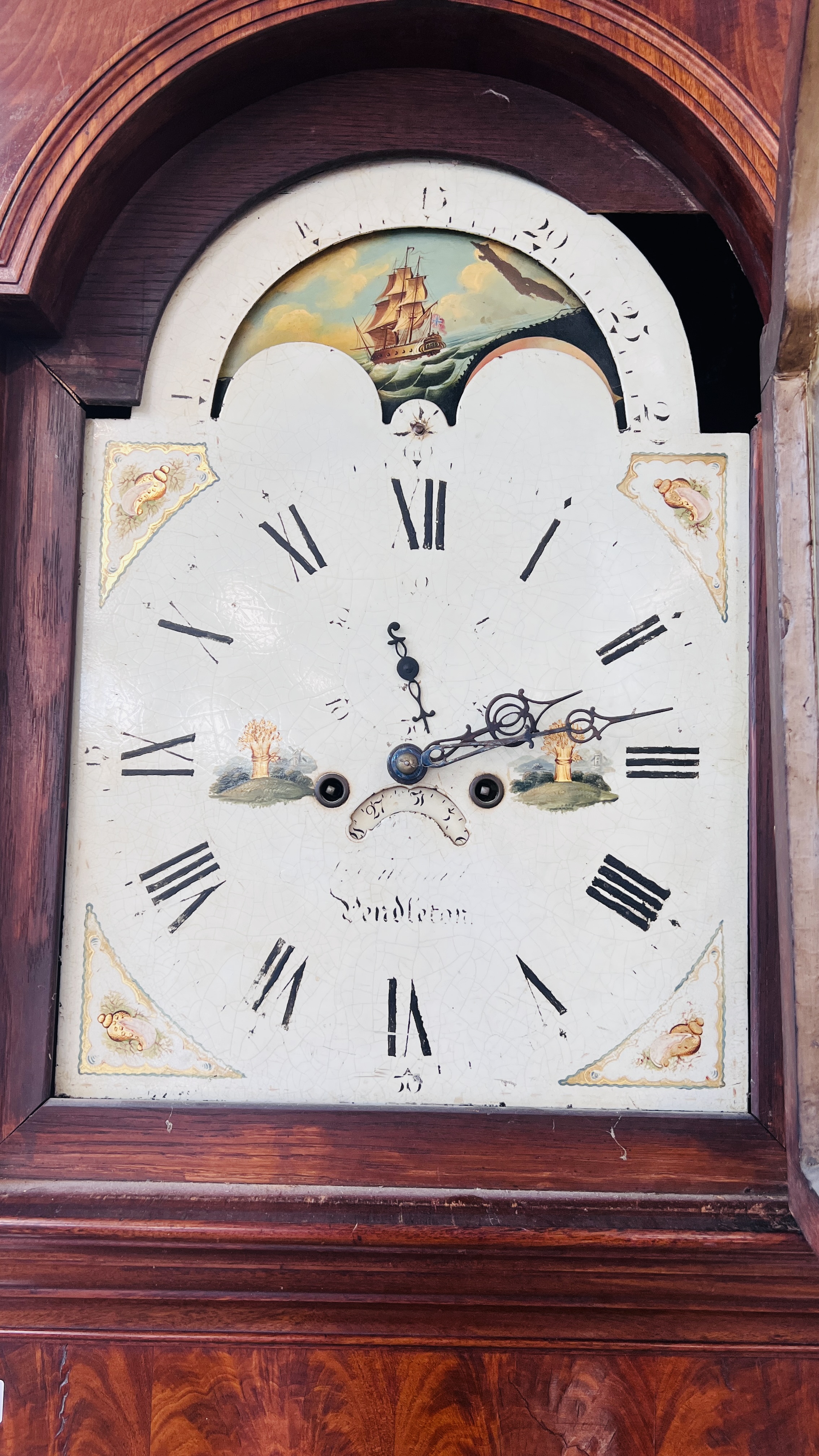 A MAHOGANY LONG CASE CLOCK ARCHED HAND PAINTED MOON PHASE DIAL. - Image 21 of 35