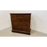 AN EDWARDIAN MAHOGANY FINISH TWO OVER THREE DRAWER CHEST - W 106CM X D 49CM X H 105CM.