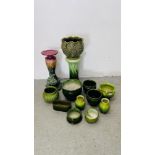 A GROUP OF VINTAGE GREEN GLAZED PLANTERS TO INCLUDE BRETBY EXAMPLES ALONG WITH A MAJOLICA STYLE