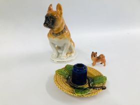 A USSR BULLDOG ORNAMENT H 21CM + A MINIATURE ROYAL DOULTON DOG AND A MAJOLICA STYLE INKWELL.