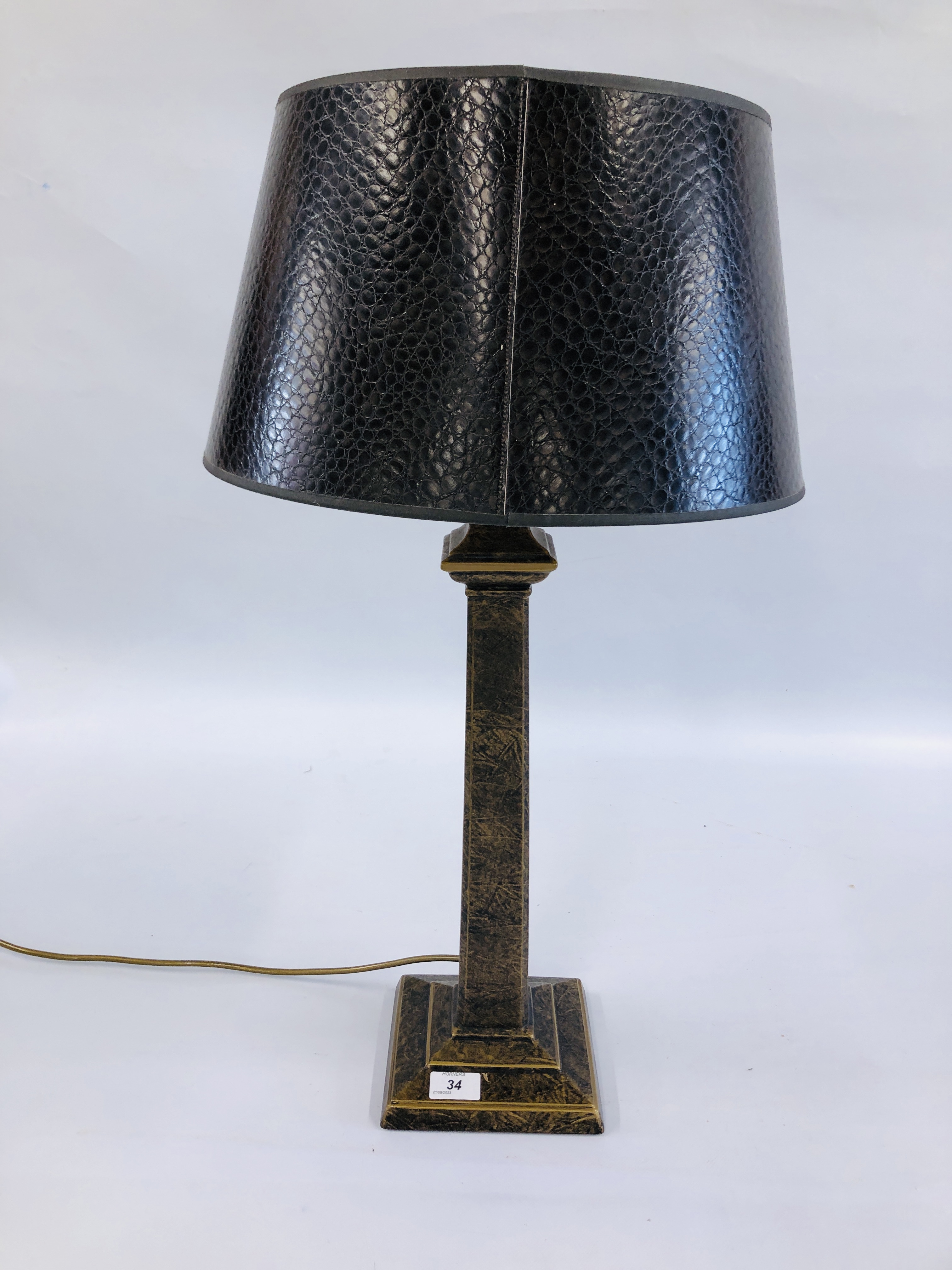 MODERN DESIGNER MARKS AND SPENCER BRONZED FINISH TABLE LAMP WITH CROCODILE LEATHER EFFECT SHADE -