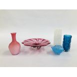5 PIECES OF GLASSWARE TO INCLUDE LUSTY PINK CENTREPIECES BOWL 29CM D,