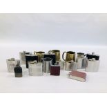 A COLLECTION OF THIRTEEN VARIOUS HIP FLASKS AND FIVE TANKARDS TO INCLUDE PEWTER.