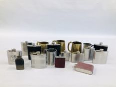 A COLLECTION OF THIRTEEN VARIOUS HIP FLASKS AND FIVE TANKARDS TO INCLUDE PEWTER.