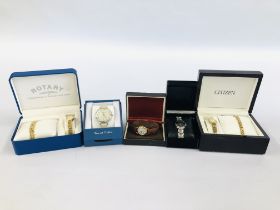 SELECTION OF 5 WATCHES TO INCLUDE 1 CITIZEN WATCH IN ORIGINAL BOX WITH GOLD TONE AND JEWELS STRAP