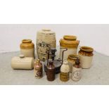 A GROUP OF VINTAGE STONEWARE STORAGE JARS AND BOTTLES TO INCLUDE LOCAL INTEREST AD A STONEWARE BEER