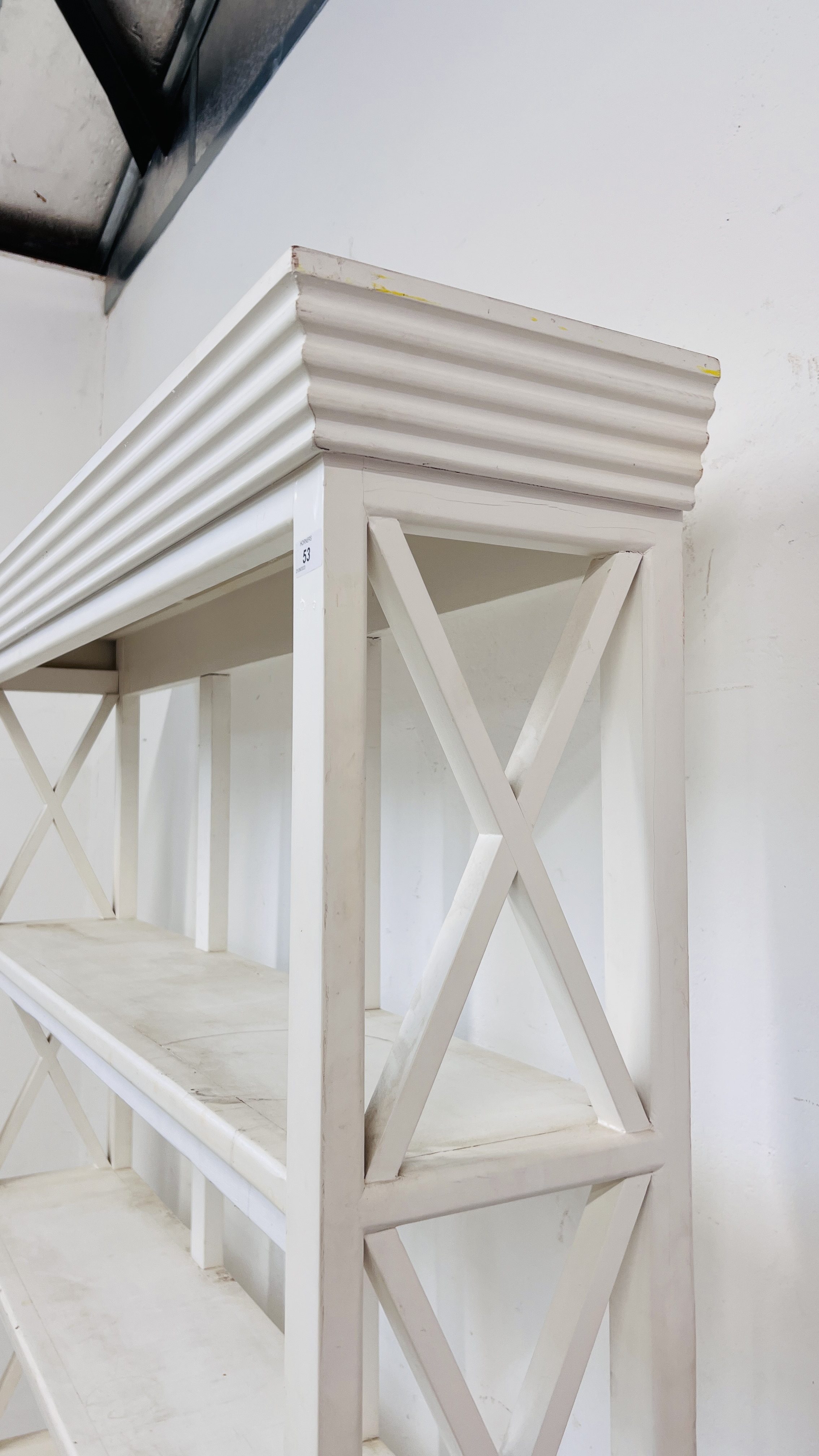 A WHITE PAINTED FOUR TIER BOOKSHELF WITH DRAWERS TO BASE - HEIGHT 200CM. WIDTH 132CM. DEPTH 30CM. - Image 10 of 12