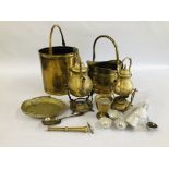 A BOX OF ASSORTED METAL WARES TO INCLUDE A BRASS SPIRIT KETTLE, BRASS COAL BUCKET AND ONE OTHER ETC.