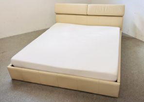 CREAM FAUX LEATHER SUPER KING SIZE BED WITH MEMORY FOAM MATTRESS,