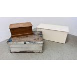 A GROUP OF 3 VINTAGE WOODEN CHESTS TO INCLUDE PAINTED EXAMPLES (LARGEST 90 X 40 X 40CM).
