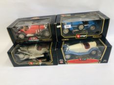 A GROUP OF 4 BOXED BURAGO DIE-CAST MODEL BEHCILES TO INCLUDE BUGATTI TYPE 59 (1934),