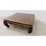 A SQUARE HARDWOOD LOW COFFEE TABLE 120CM X 120CM, H 46CM.