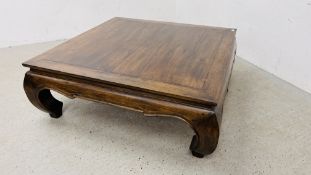 A SQUARE HARDWOOD LOW COFFEE TABLE 120CM X 120CM, H 46CM.