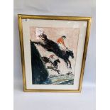 A FRAMED AND MOUNTED ACRYLIC DEPICTING HORSES JUMPING THE FENCE BEARING SIGNATURE B. ROOKE.