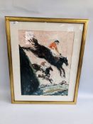 A FRAMED AND MOUNTED ACRYLIC DEPICTING HORSES JUMPING THE FENCE BEARING SIGNATURE B. ROOKE.