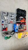 A GROUP OF SHED TOOLS TO INCLUDE EINHELL DISK GRINDER, HITACHI CIRCULAR SAW, PLUMBERS KIT,