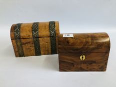 TWO ANTIQUE BURR WALNUT DOMED TOP STATIONARY BOXES, ONE EXAMPLE HAVING ELABORATE BRASS BANDING.