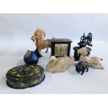 A GROUP OF TREEN TO INCLUDE A CARVED GOAT AND DUCK ALONG WITH A VINTAGE GRINDER, OAK MANTEL CLOCK,