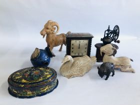 A GROUP OF TREEN TO INCLUDE A CARVED GOAT AND DUCK ALONG WITH A VINTAGE GRINDER, OAK MANTEL CLOCK,