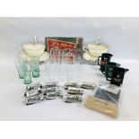 A BOX OF ASSORTED PUB ADVERTISING GLASSES AND JUGS TO INCLUDE COCA COLA ALONG WITH A BOX OF