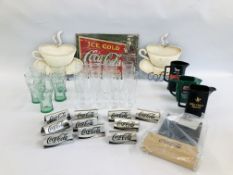 A BOX OF ASSORTED PUB ADVERTISING GLASSES AND JUGS TO INCLUDE COCA COLA ALONG WITH A BOX OF