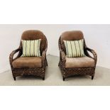 A PAIR OF MODERN SEAGRASS GARDEN ARMCHAIRS BY AMERICAN HOME AND PATIO COMPANY WITH UPHOLSTERED FAWN