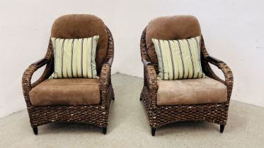 A PAIR OF MODERN SEAGRASS GARDEN ARMCHAIRS BY AMERICAN HOME AND PATIO COMPANY WITH UPHOLSTERED FAWN