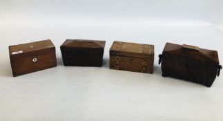 A GROUP OF 4 VINTAGE TEA CADDIES TO INCLUDE MAHOGANY AND MARQUETRY INLAID EXAMPLES.