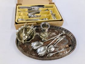 A GROUP OF PLATED WARE TO INCLUDE AN OVAL TRAY AND A QUANTITY OF VALIANT CUTLERY ETC.