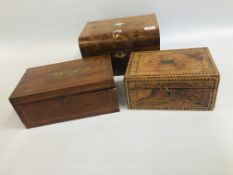 A VINTAGE BURR WALNUT STATIONARY BOX WITH SECRET DRAWER + A VINTAGE MAHOGANY BOX INLAID WITH A