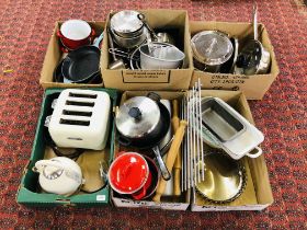 6 X BOXES CONTAINING AN EXTENSIVE GROUP OF KITCHENALIA TO INCLUDE STAINLESS STEEL PANS,
