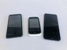 3 SMARTPHONES TO INCLUDE NOKIA GLO, ALCATEL V3CEF AND NOKIA LUMIA 610 - SOLD AS SEEN.