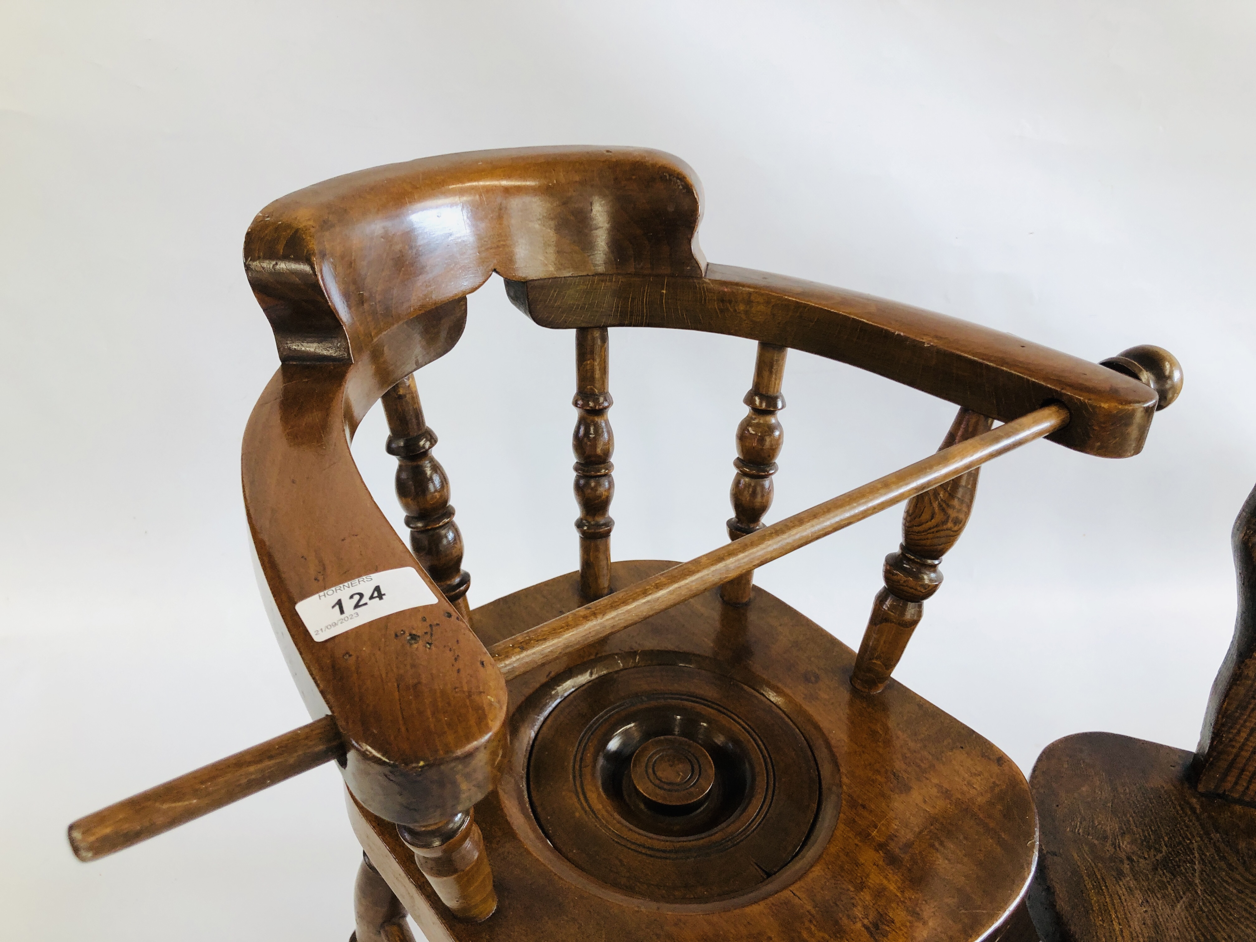 A VINTAGE CHILD'S COMMODE CHAIR ALONG WITH AN OAK CHILD'S CHAIR WITH CARVED BACK. - Image 2 of 7