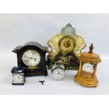 COLLECTION OF 5 MIXED CLOCKS TO INCLUDE OAK CASED MANTEL CLOCK, OAK CASED HERMLE QUARTZ,