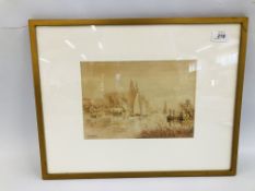 A FRAMED AND MOUNTED WATERCOLOUR "HORNING FERRY" BEARING SIGNATURE W. LESLIE RACKHAM 26CM. X 18.