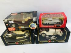 A GROUP OF 4 BOXED BURAGO DIE-CAST MODEL VEHICLES TO INCLUDE MERCEDES BENZ SSK (1928),