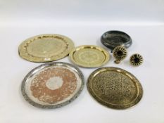 A COLLECTION OF BRASS CHARGERS AND PLATES TO INCLUDE MIDDLE EASTERN ALONG WITH TWO VINTAGE BELLS.